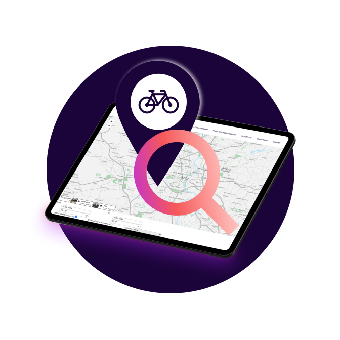 Tablet showing a map, with a bike pin and a magnifying glass above it