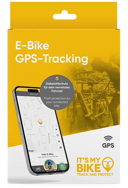 IT'S MY BIKE retail packaging showing the app with a located bike