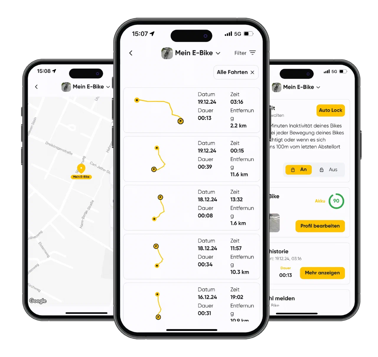 White-label app on three smartphones: live map tracking, ride history and auto lock